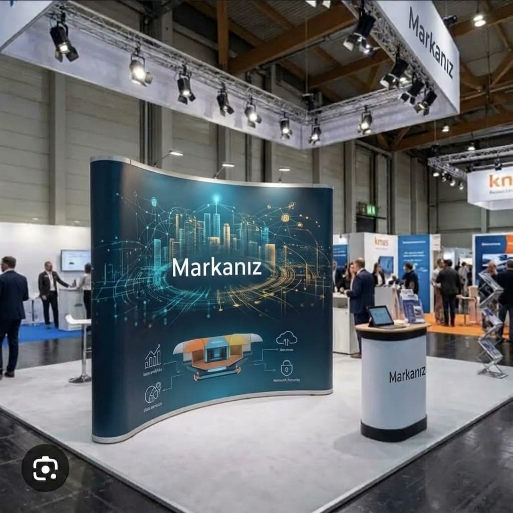 Fuar alanında kavisli pop-up (örümcek) stand ve danışma bankosu